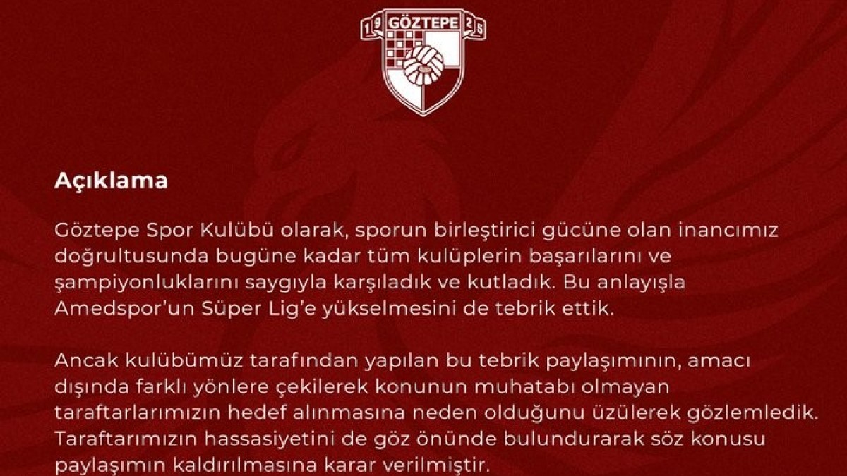 Göztepe’den Geri Adım: Amedspor Tebrik Paylaşımı Silindi